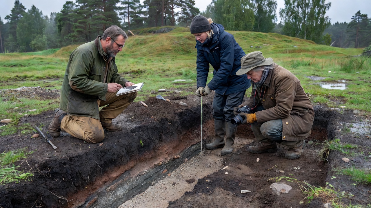 Archaeologists carefully recording soil stratigraphy at a Scandinavian excavation site