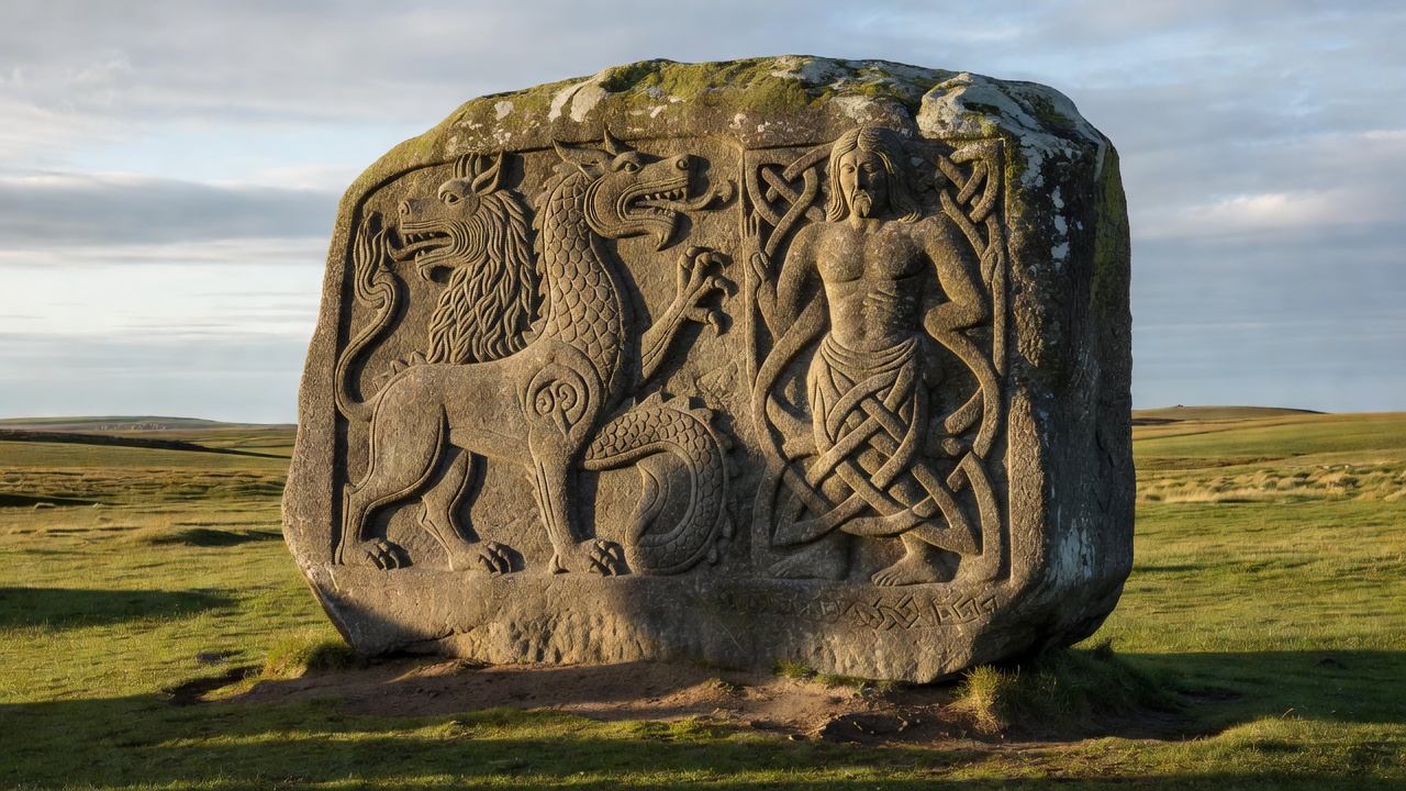 The large runestone at Jelling raised by King Harald Bluetooth with Scandinavian carvings