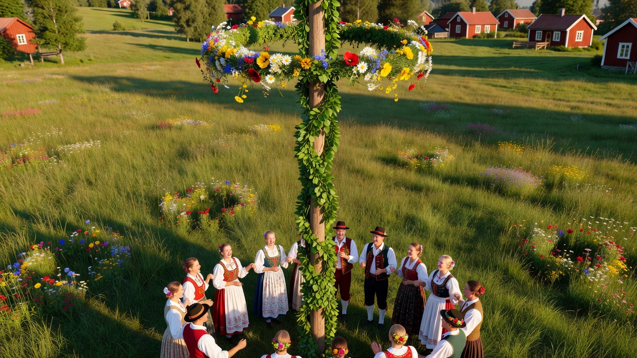A midsummer pole decorated with birch leaves and floral wreaths in a Swedish village meadow